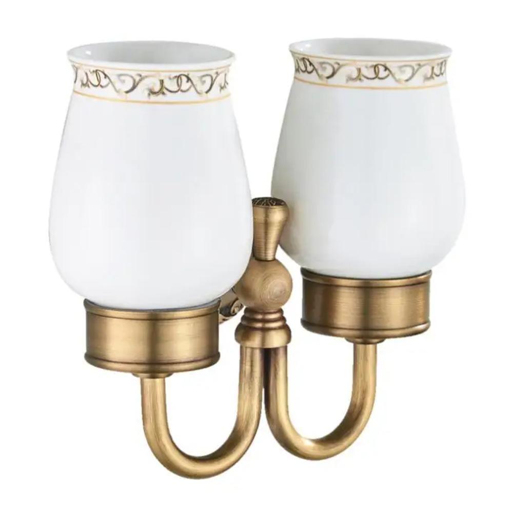 Wall Mount Antique Double Cup Holder Brass+Glass Bathroom Accessories Cup Tumbler Holders,Toothbrush Cup Holders F8308