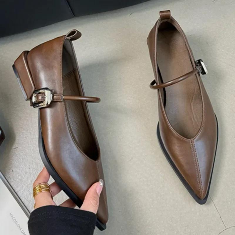 Fashion Pointed Toe Women Shoes Buckle Strap Solid Color Retro Designer Brand Low Heel Shallow Female Shoes Leather Concise Casual Shoes