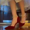 Red High Heels High Sense 2025 New Foreign Style Pearl Thin Heel Pointed Single Shoes Adult Gift Shoes Wedding Shoes Two Wear