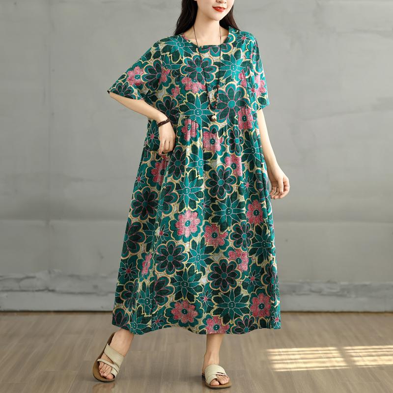 Dimanaf 2025 Summer Plus Size Dress Women Casual Vintage Shirt Dress Loose Basic Flower Printing Dress