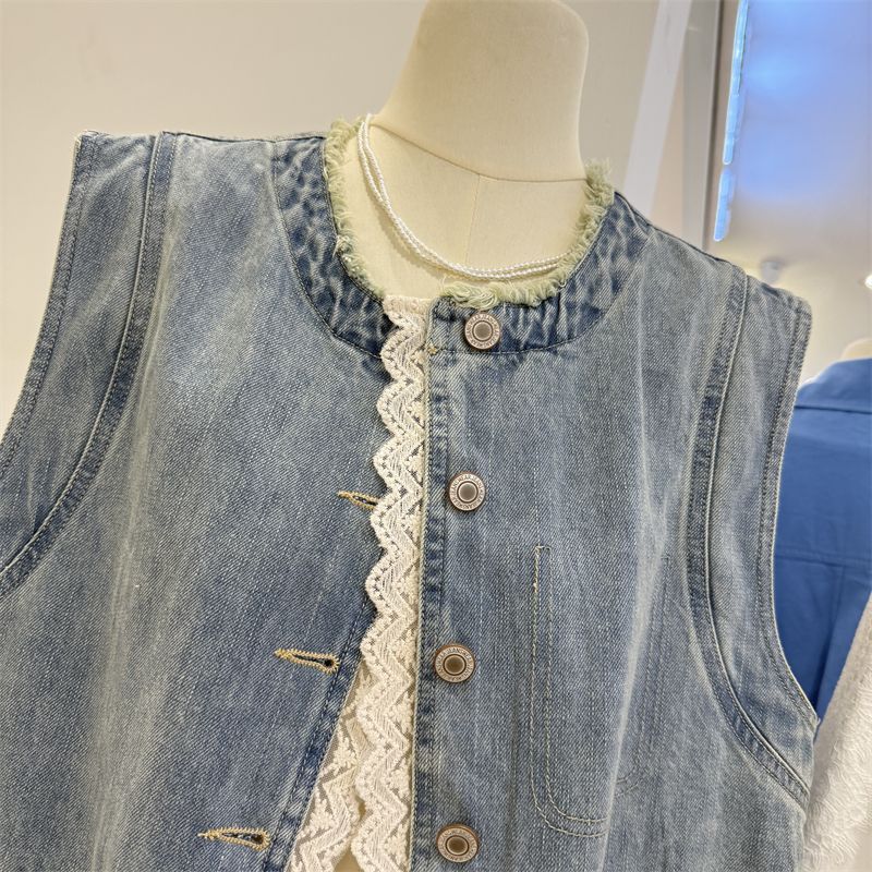 Vest for Women Cotton Lace Vintage Sleeveless Jacket Women Casual Vests Sleeveless Tops Denim Vest