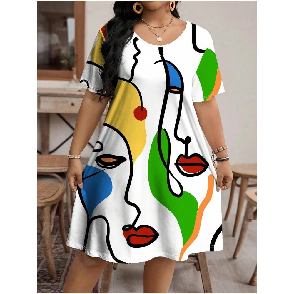 Fashion Women Dress Painted Art Face Streetwear Pattern 3D Print Summer Dress Casual Short Sleeve Loose Dresses Plus Size 6XL