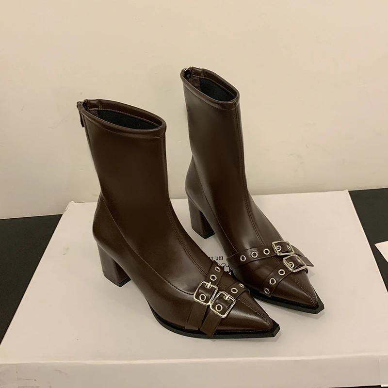 High Heeled Ankle Women's Boots 2024 New Pointed Velvet Sexy Women's Shoes Zipper Classic Japanese Boots Women's Boots Botas