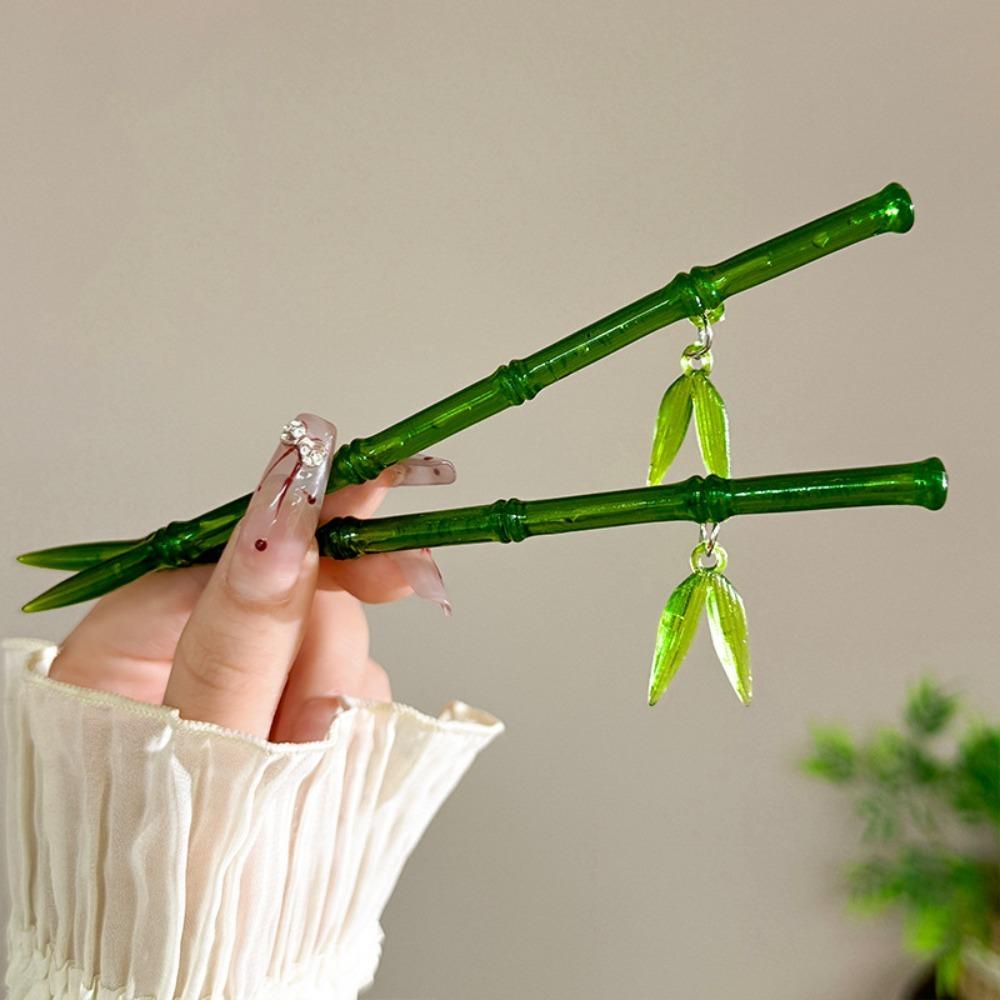 Green Hair Stick Bamboo Leaf Barrette Simple Chopstick Hairpin for Women