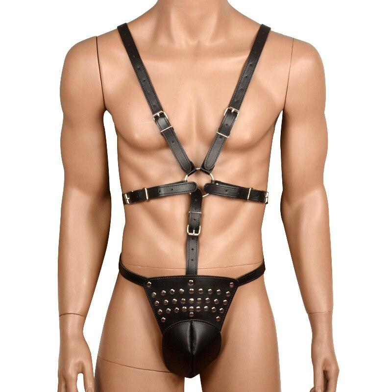 Men's Bondage Chastity Pants Erotic Wearing Panties Penis Strap Leather Clothes Fetish BDSM Briefs Chain Thong