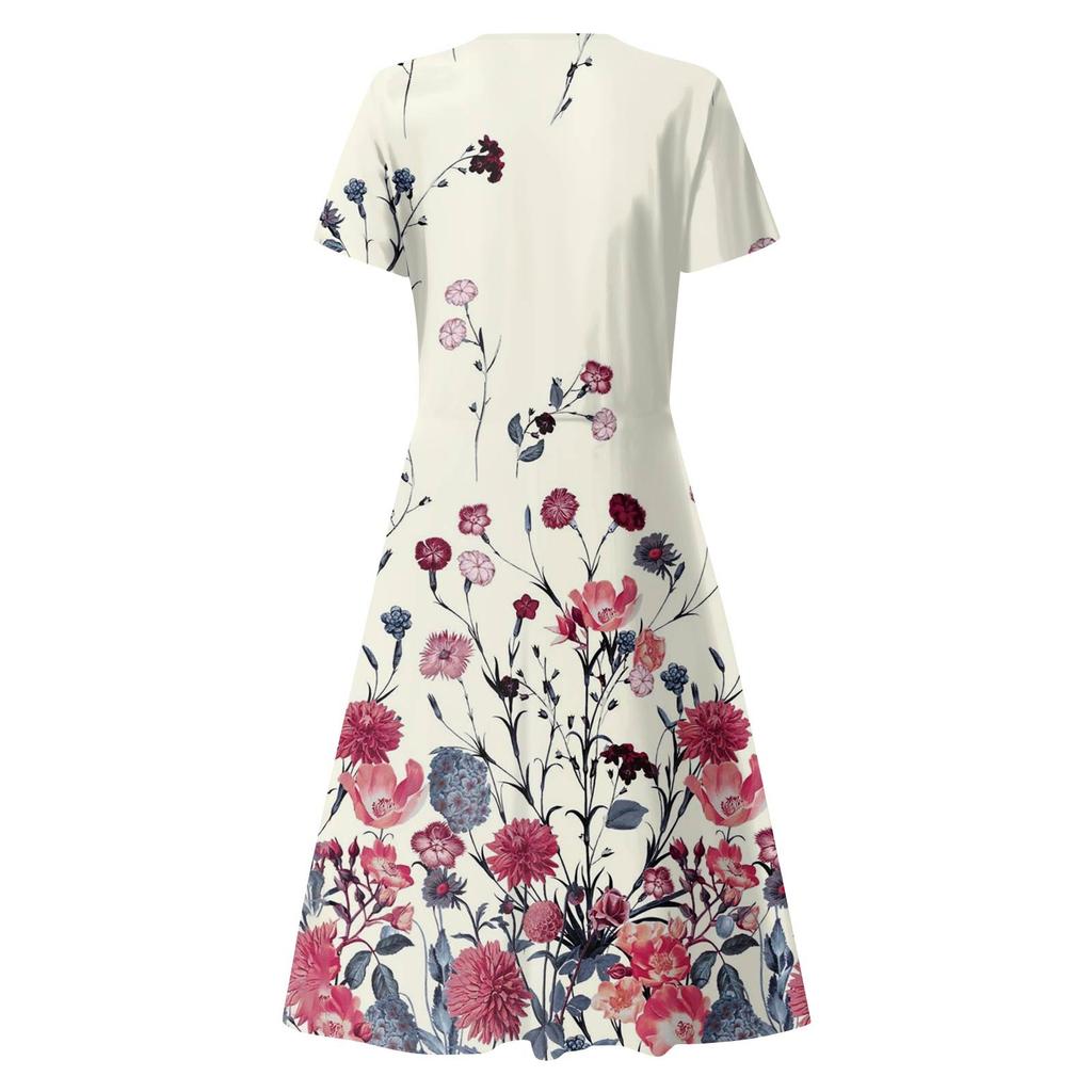 Women's Summer Casual Fashion Print Pocket Short Sleeve V-Neck Swing Dress