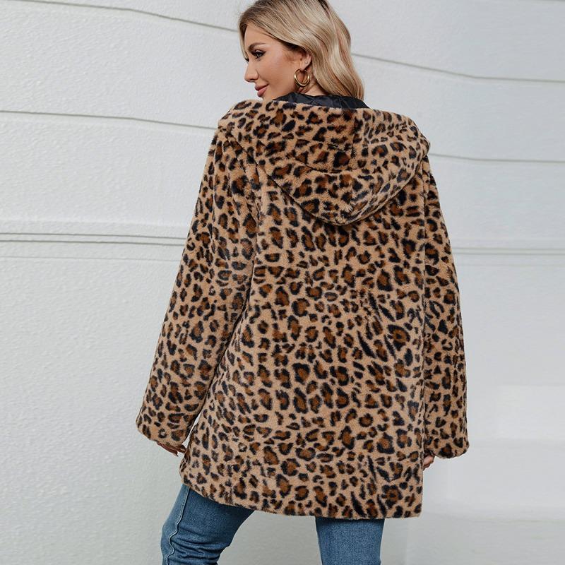 00 Leopard Print Fur Imitation Fur Hooded Autumn and Winter Loose Women's Coat Coat