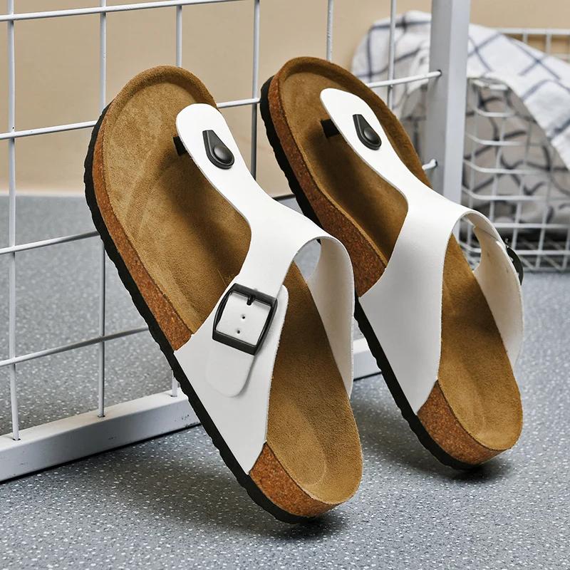 2024 New Men Genuine Leather Couple Style Cork High Quality Soft Cork Slides Footwear for Men Women Unisex 36-46 Cork Flip Flops
