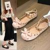 Women's Riveted Single Shoes Fall New Round Head Shallow Mouth Bow Satin One-line Buckle Flat Shoes