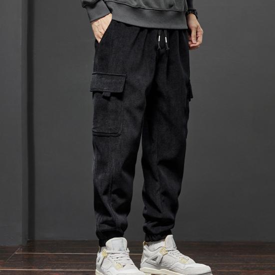 Fall Winter Men Cargo Pants Loose Drawstring Elastic Waist Plus Size Joggers Thickened