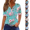 Women's Fashion Casual Vintage Floral Print V-Neck Short Sleeve Decorative Button T-Shirt Tops
