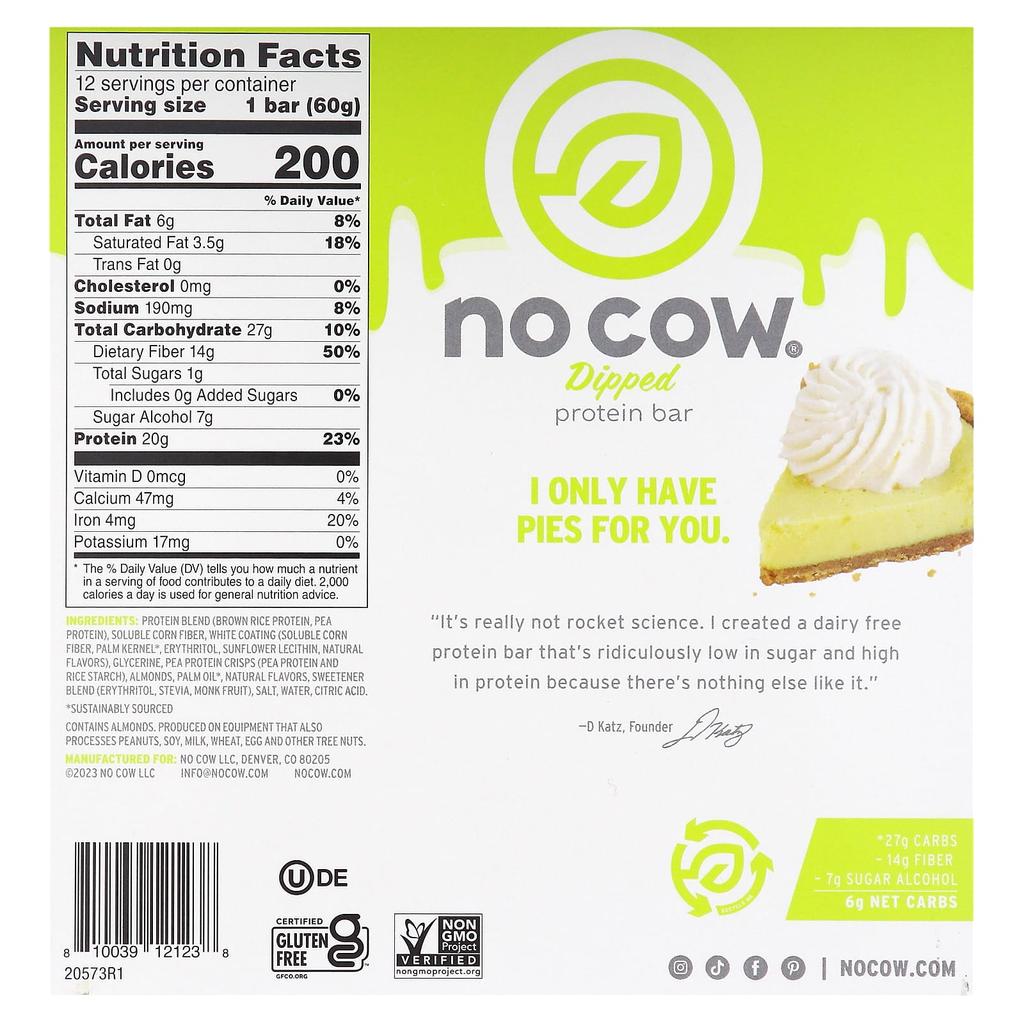 No Cow Dipped Protein Bars, Key Lime Pie, 12 Bars, 2.12 Oz (60 G) Each