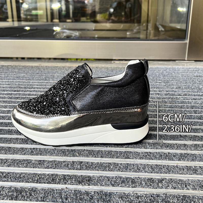 Spring and Autumn New Thick-soled Casual Single Shoes Pointed Inner Height Increase Black Glossy Women's Shoes Sequined Lazy Shoes Women
