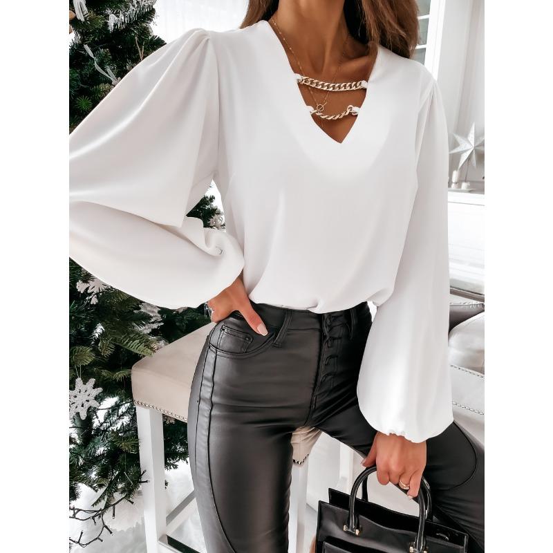 Women's Solid Colour V-Neck Lantern Sleeve Women's Blouse Top