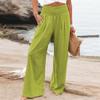 Fashion Casual Green Wide Leg Pants Women Elastic Solid Cotton Linen Long Pants Female Loose OL Style Womens Trousers
