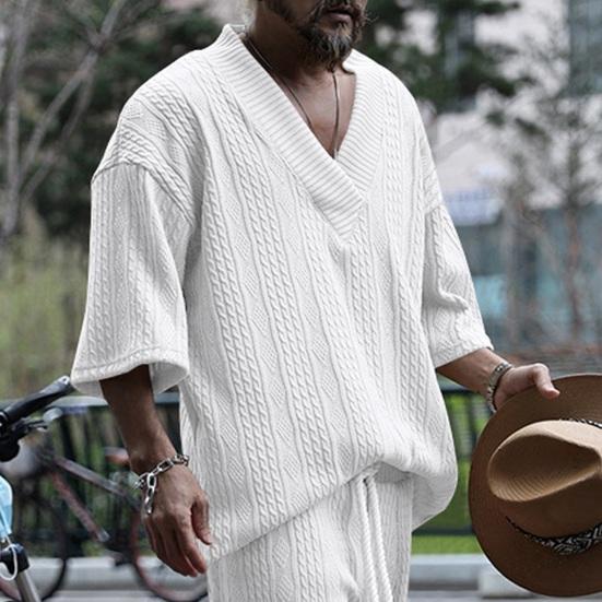 Мужской верх вязаный V-образный вырез с половиной рукавом свободный мешковатый сплошной цвет ретро аппликация эластичный мягкий дышащий средней длины спортивная повседневная футболка мужская футболка