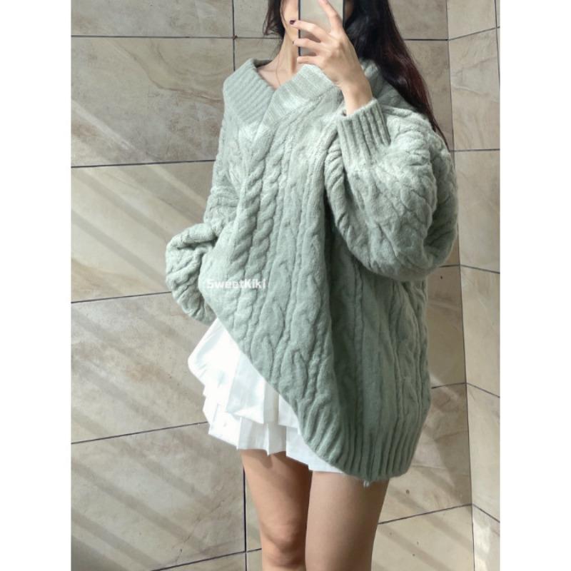 Puff Sleeve V-neck Sweater Women's Autumn and Winter Thickened Loose Soft Waxy Twist Knitwear Top