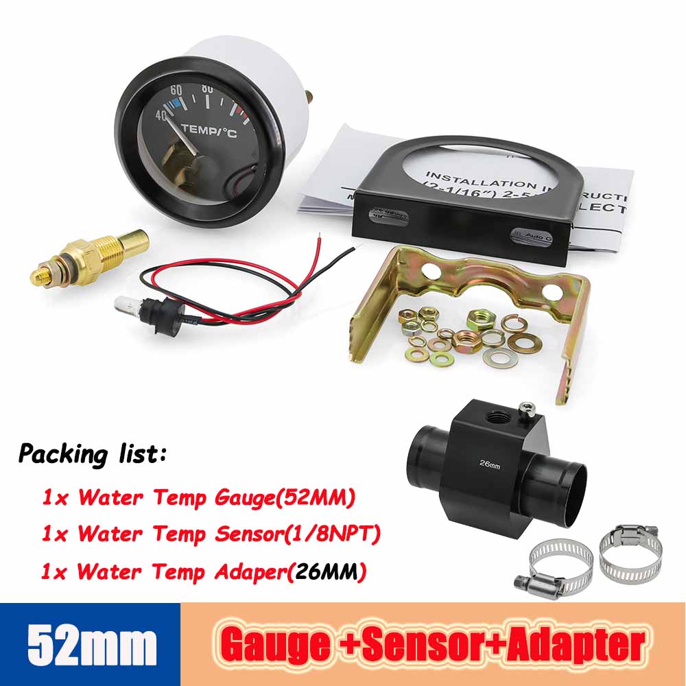 52mm Water Temperature Gauge 40-120 Celsius with Adaptor Joint Pipe Radiator 1/8NPT Sensor Car Racing Water Tank Level Indicator