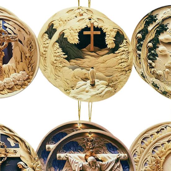 12 Pcs Nativity Scene Ornament Round Wooden Birth of Jesus Christian Keepsake Religious Hanging Pendant for Christmas Home Car Decor