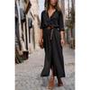 Spring and Autumn Women's Long Sleeve Split Long Dress with Belt