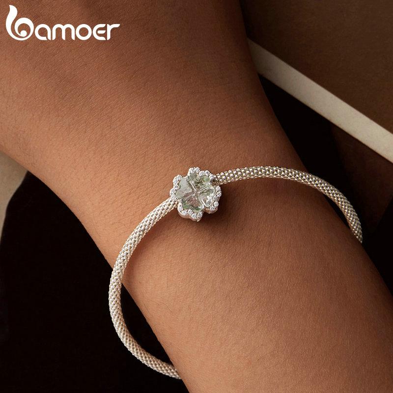 Bamoer Шарм-бусина из стерлингового серебра 925 пробы с четырьмя лепестками клевера для женщин, изготовление ювелирных изделий, подвеска из стерлингового серебра 925 пробы для оригинального браслета
