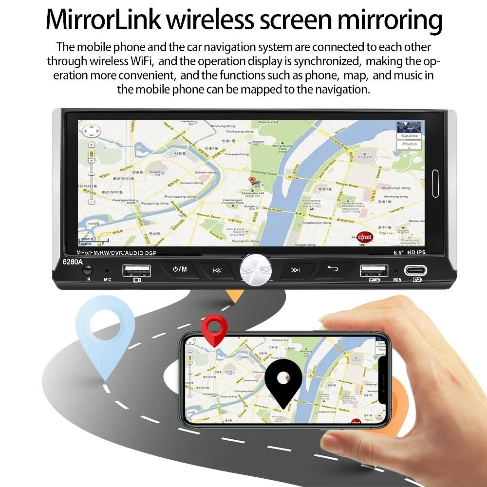 6.9'' Touch Screen 1Din Universal Car Radio Wireless Carplay Android Auto Smart Multimedia Player Wifi Navigation GPS FM Stereo