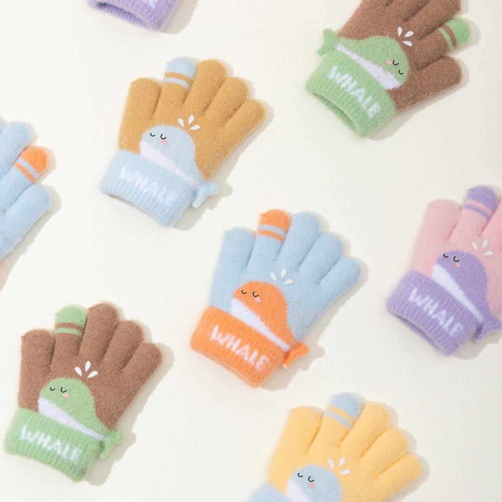Cute Whale Winter Knitted Gloves Warm Plush Kids Gloves Cartoon Five-finger Gloves  Outdoor