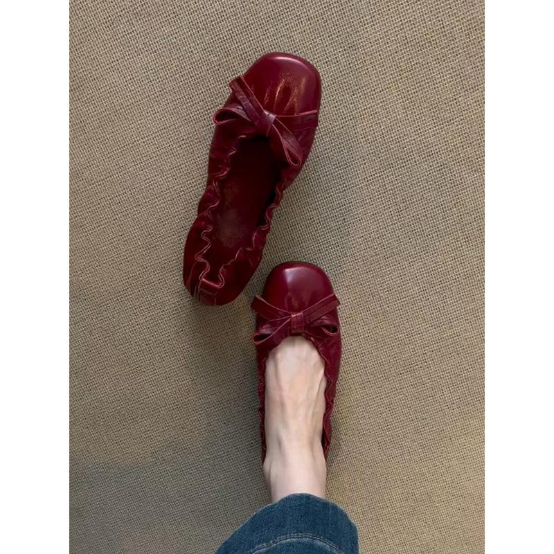 Sheepskin Version~ Genuine Leather Retro Pleated Bow Flat-bottomed Ballet Shoes Commuting Versatile One-pedal Shallow-mouth Single Shoes