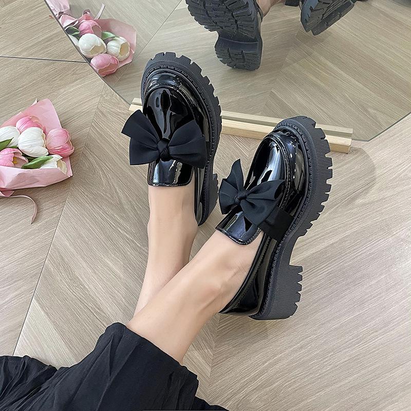 Fashion Bow Loafer Shoes Women 2024 Spring and Autumn New Thick Sole Mid-heel Lazy British Style Retro Small Leather Shoes