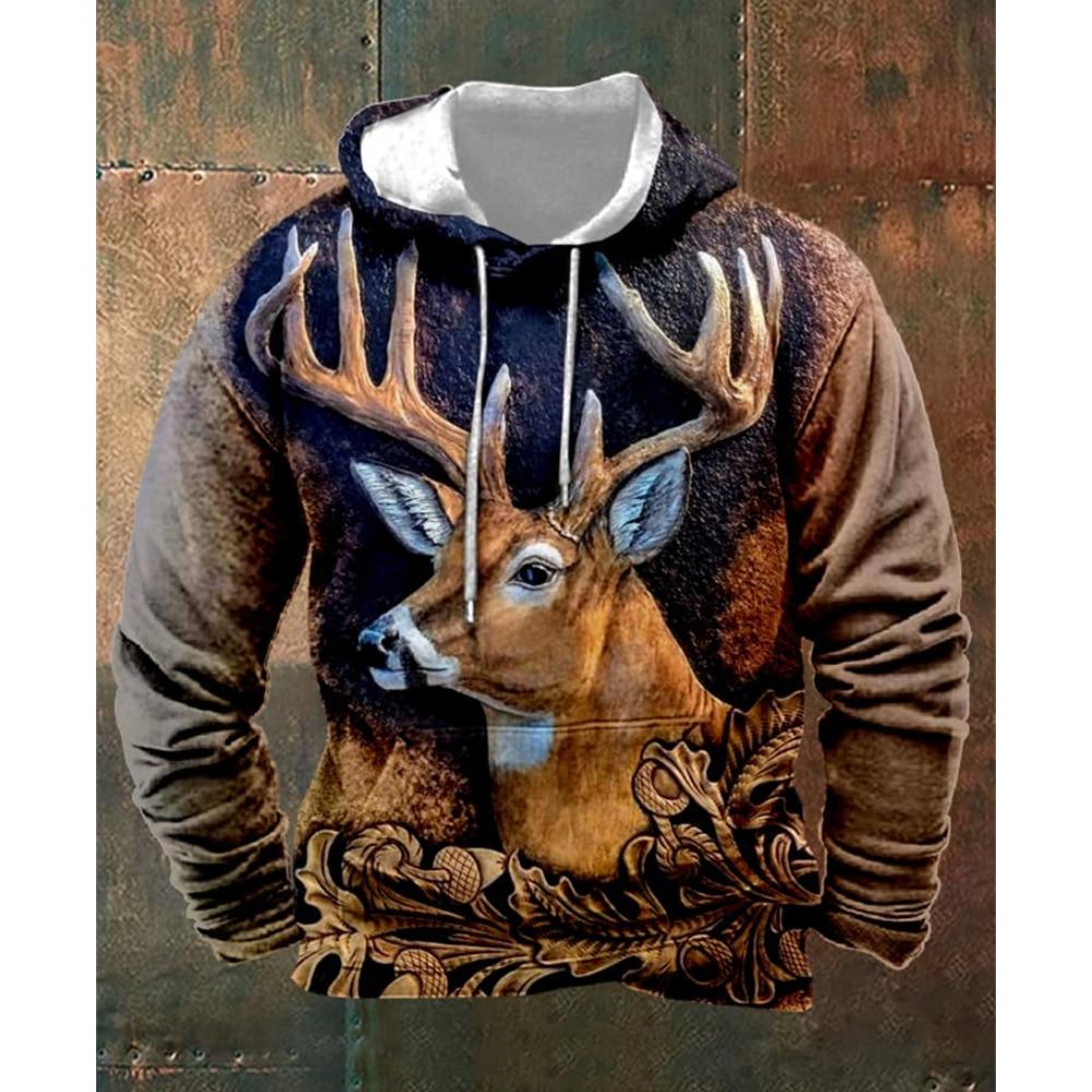 Men's Vintage Hoodie 3D Deer Hunting Graphic Hooded Sweatshirt For Male Winter Outwear Tops Oversized Daily Casual Steetwear
