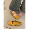 Retro Rhinestone Flat Bottom Shallow Mouth Single Shoes with Buckle Square Head Matte Suede Soft Sole Mary Jane Shoes