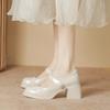 French Mary Jane High Heels Spring and Autumn Fairy Style Word with Pearl Square Head Patent Leather Temperament Thick Heel Platform Single Shoes