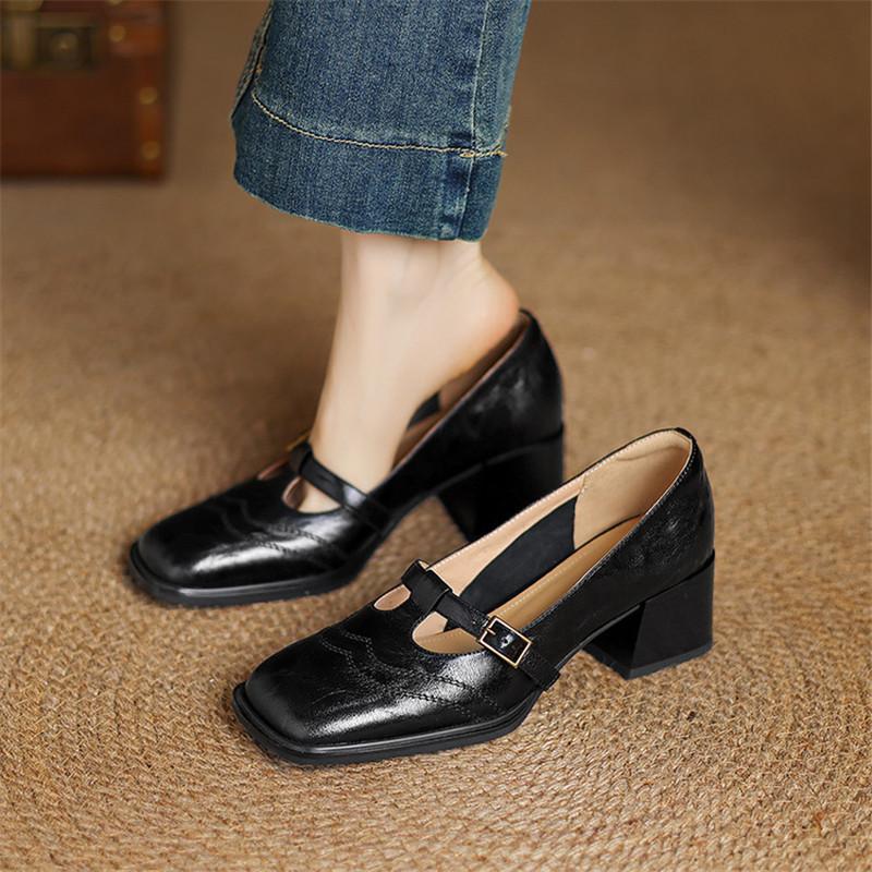 Fashion New Spring/summer Genuine Leather Mary Jane Shoes for Women Fashion Square Toe Shoes High Heels Women Pumps Chunky Heel Black