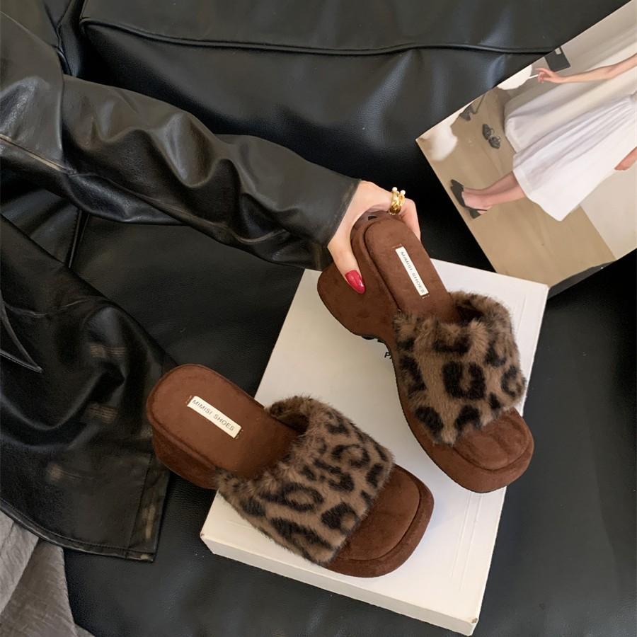 French Fashion Leopard Print Thick High-heeled Cotton Slippers Women's 2025 Autumn and Winter New Gentle Square Head One-word Fluffy Slippers