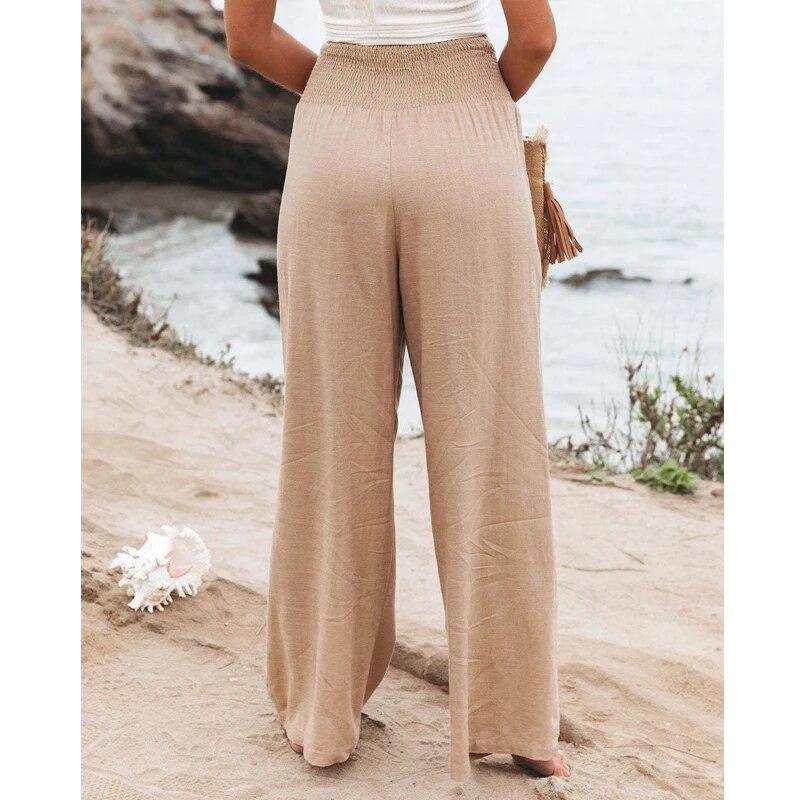 Spring Autumn Women Elastic Wide Leg Pants Fashion Casual Green Cotton Linen Long Pants Pleated Loose OL Style Trousers 30766