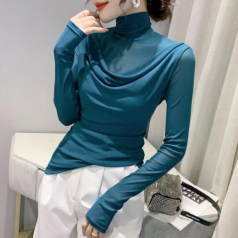 Европейский топ с высоким воротом из сетки с длинными рукавами - Женская облегающая осенняя рубашка