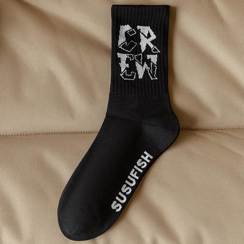 Men Autumn New Black and White Match Color Trend Letter Sports Sweat Absorption Breathable Boneless Tube Socks
