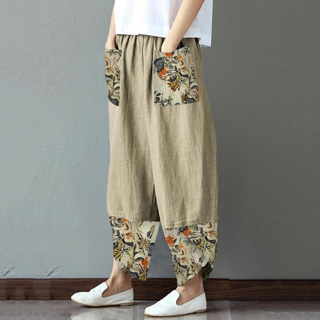 Women Casual Cotton Linen Print Patchwork Irregular Loose Wide Leg Pants