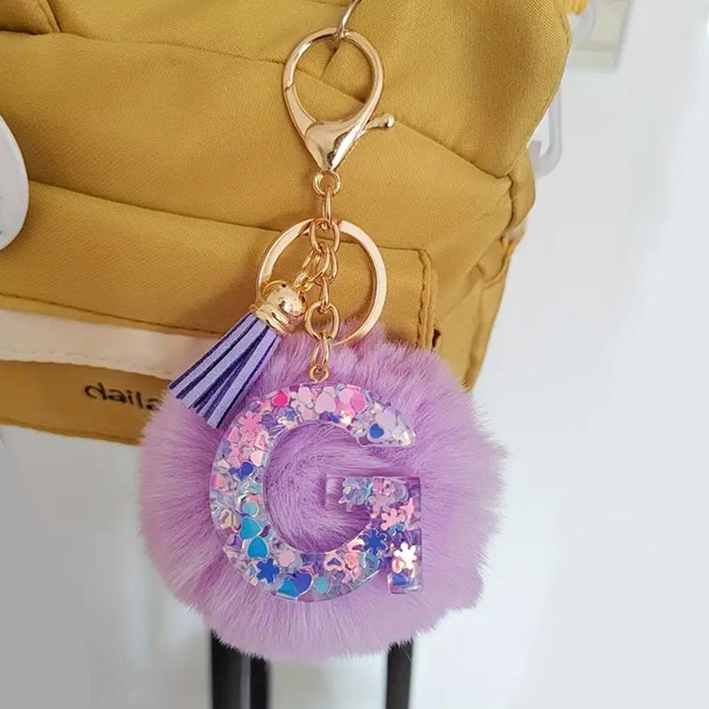 Adorable A-Z Letters Initial Keychain Sparkling Resin Alphabet Fluffy Hairball Pendant Backpack Decoration Accessories Gifts