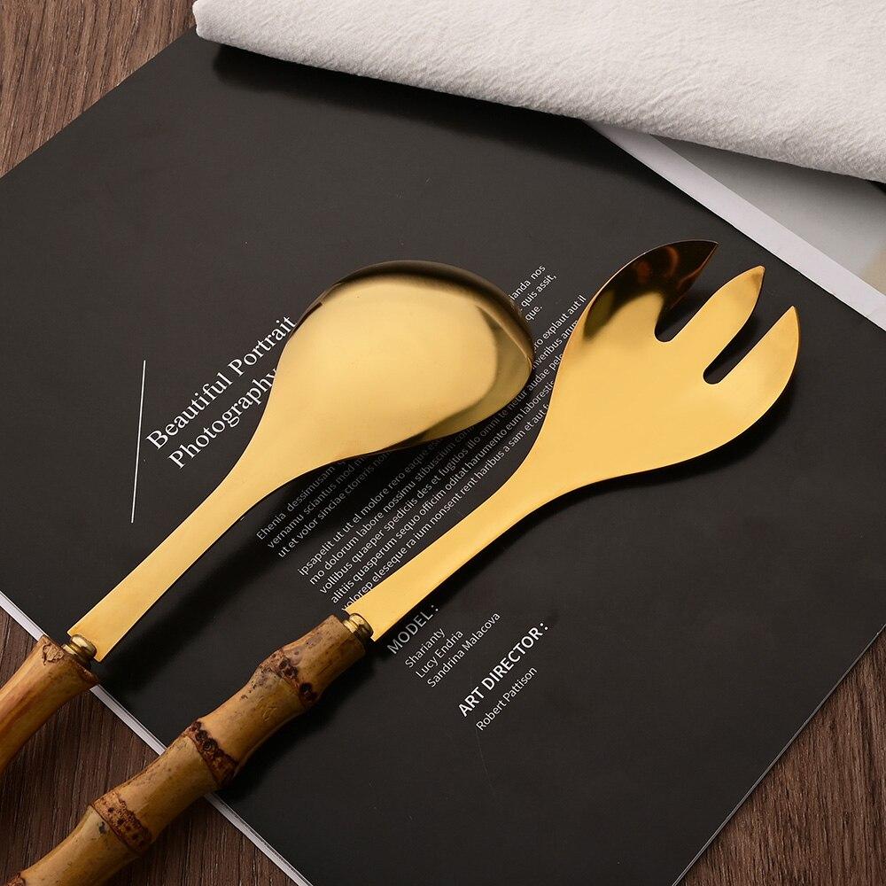 2Pcs Serving Utensils Cutlery 304 Stainless Steel Big Fork and Spoon with Natural Bamboo Handle Food Serving Salad Spork Server Spoon Tableware Set