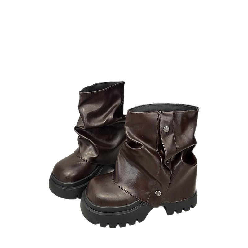 Sense of Design British Leather Boots Rivet Stacking Boots Women's Autumn and Winter Fashion Thick-soled Thin Thick-heeled High-heeled Martin Boots