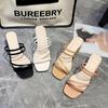 Women Sandals Ladies Square Heels Elegant Summer Slippers Outside Cross Tied Leather Female Slides  Fashion Woman Sandals