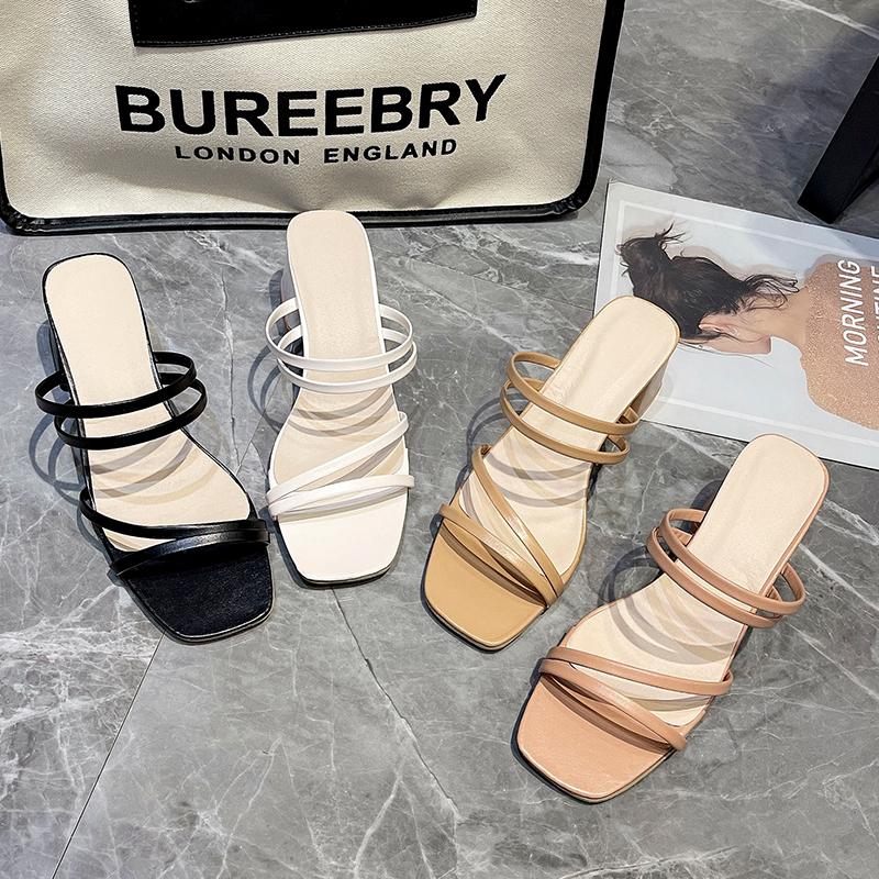 Women Sandals Ladies Square Heels Elegant Summer Slippers Outside Cross Tied Leather Female Slides Fashion Woman Sandals