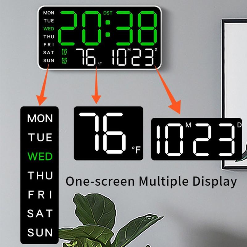 USB Powered LED Digital Wall Clock Voice Control Temperature Date Week Snooze Dual Alarm Clock DST Brightness Adjustment 12/24H