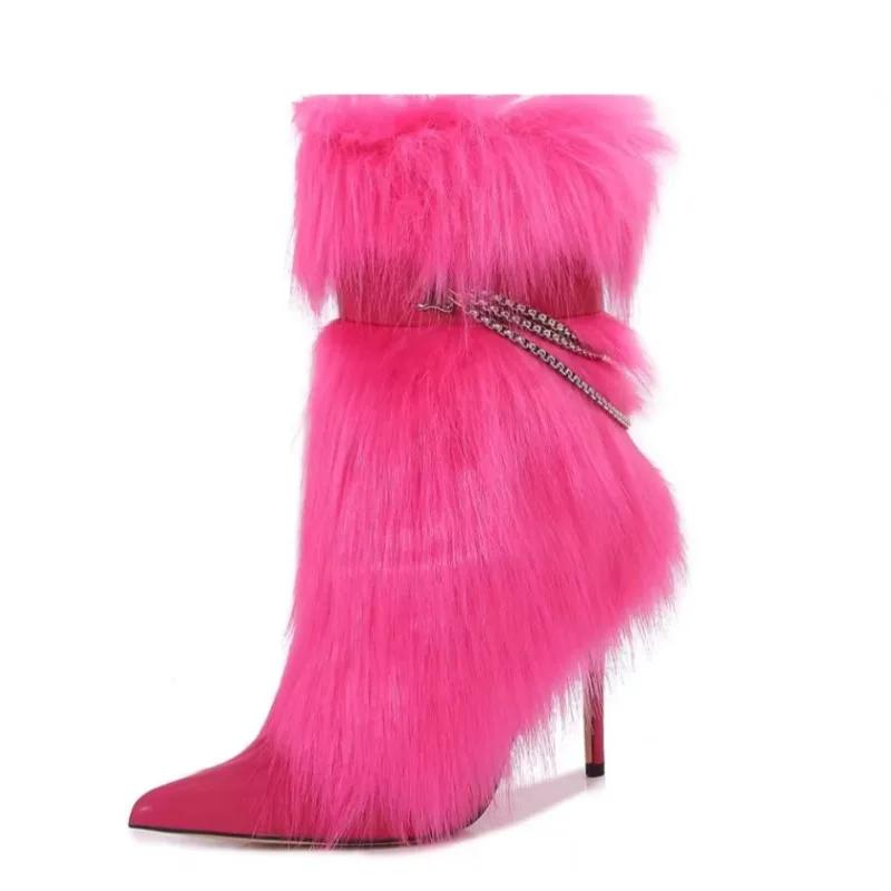 Fashion New High-heeled Pointed Niche Design Chain Hairy Boots European American Fashion Black Red Spicy Girl Sexy Women's Boots Size 43