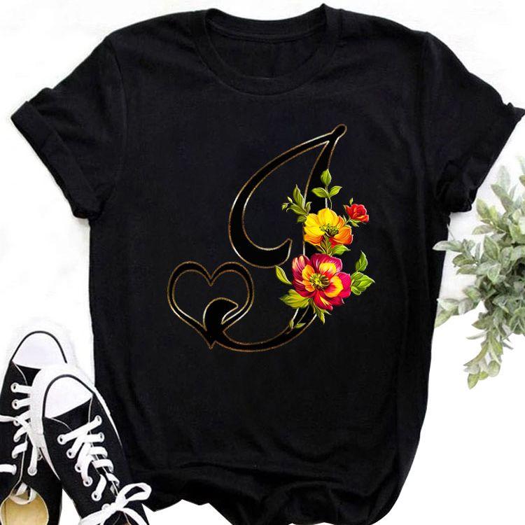 Custom Name Letter Combination Tops Fashion Women T-Shirt Rose Flower Heart Letter Font A B C D Short Sleeve Tees Black T-Shirt