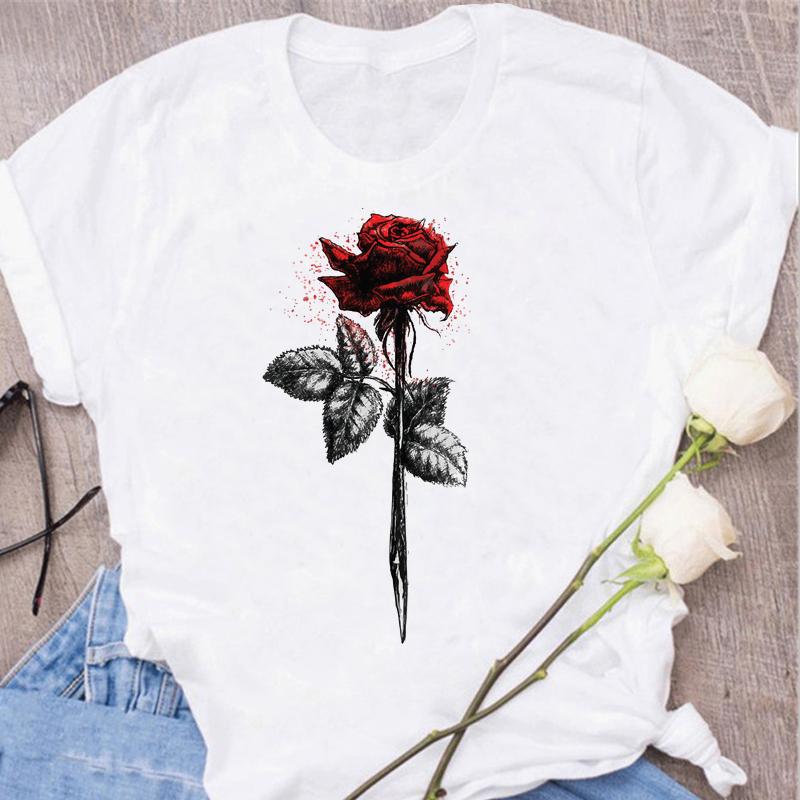 New Red Rose Print Women T Shirt Black T Shirt Harajuku Korean Style Graphic Tops Kawaii Female T-shirt Tops Women T Shirts