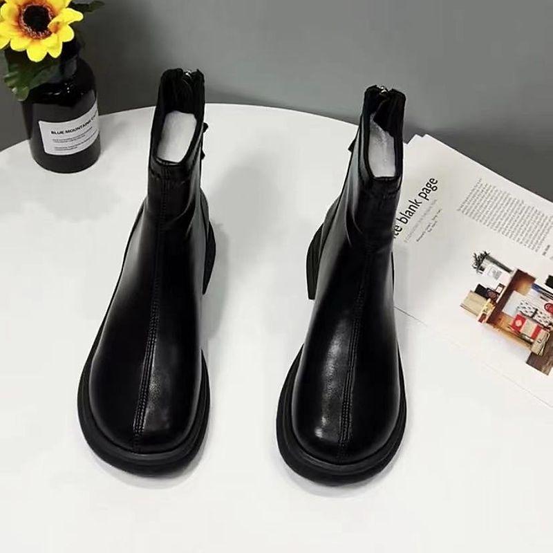 Fashion Female Ankle Boots Platform Footwear Chunky Leather Elegant with Medium Heels Short Shoes for Women Booties Waterproof Pu Chic