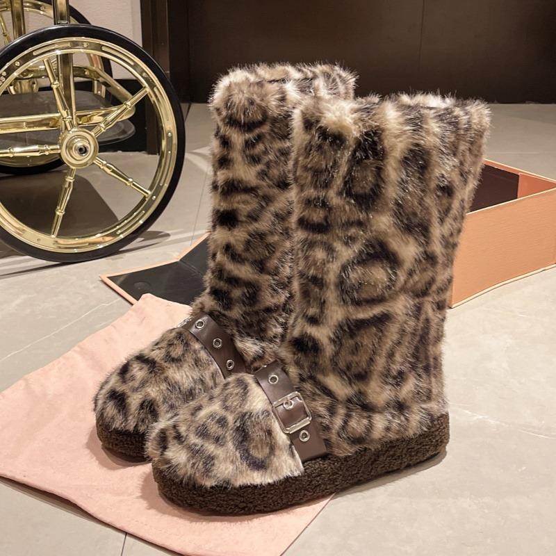 Leopard Fur Platform Women Snow High Boots Suede Plush Cotton Mid Heels Shoes 2025 Trend Winter Mid Calf Casual Warm Botas Mujer