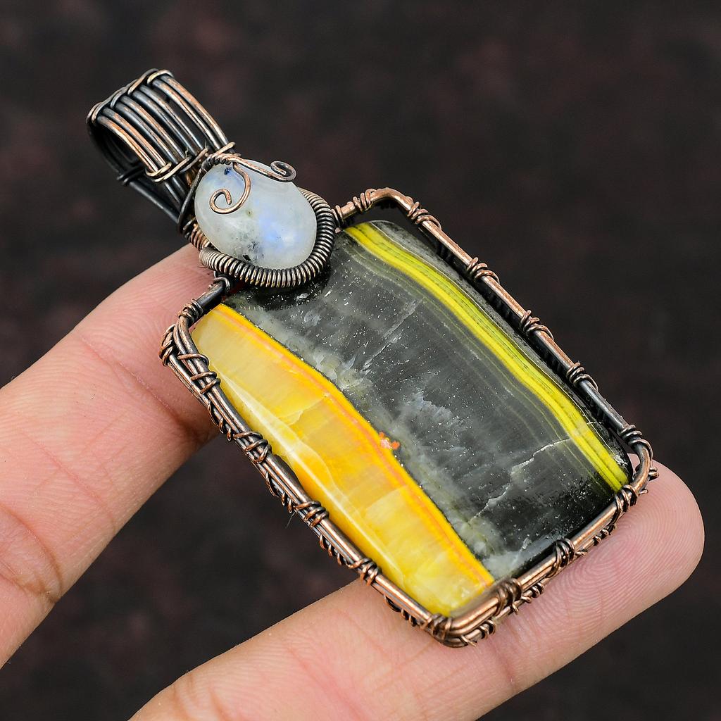 Bumble Bee Jasper Pendant Rainbow Moonstone Pendant Copper Wire Wrapped Pendant Real Gemstone Handmade Pendant Antique Copper Design Jewelry